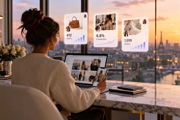Elegant fashion creator photograph with realistic affiliate tracking cards showing orders and conversion information