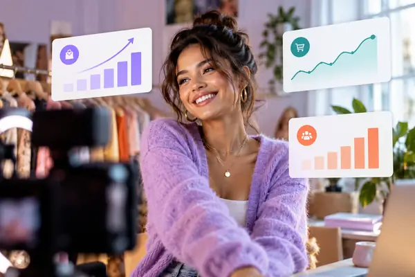 Fashion creator portrait paired with realistic performance cards for sales, conversion rate and weekly creator orders
