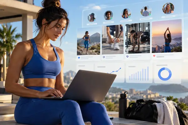 Creator campaign management interface layered over an editorial photograph of a sports creator in a blue outfit